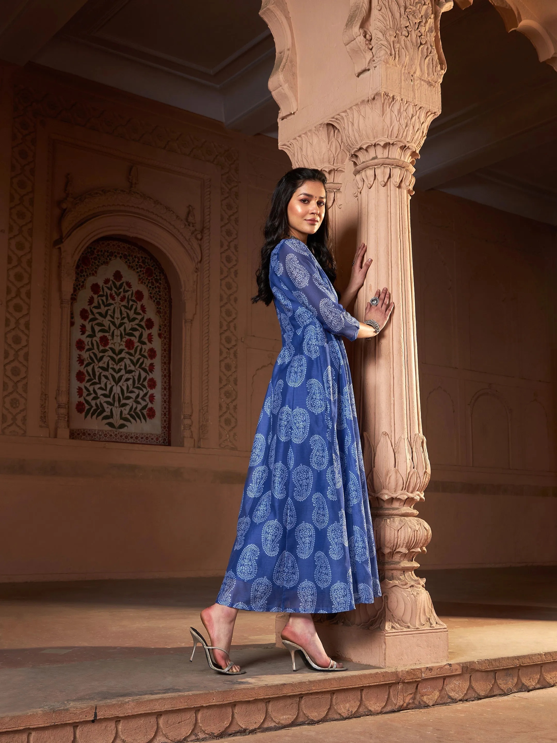 Women Blue Chanderi Paisley Long Anarkali Kurta