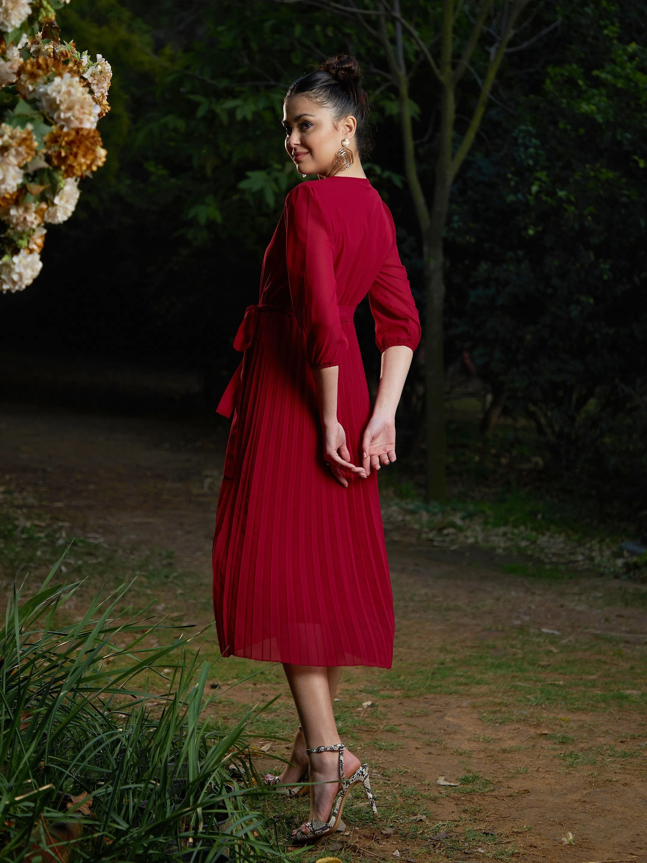 Women Maroon Accordion Pleated Belted Midi Dress