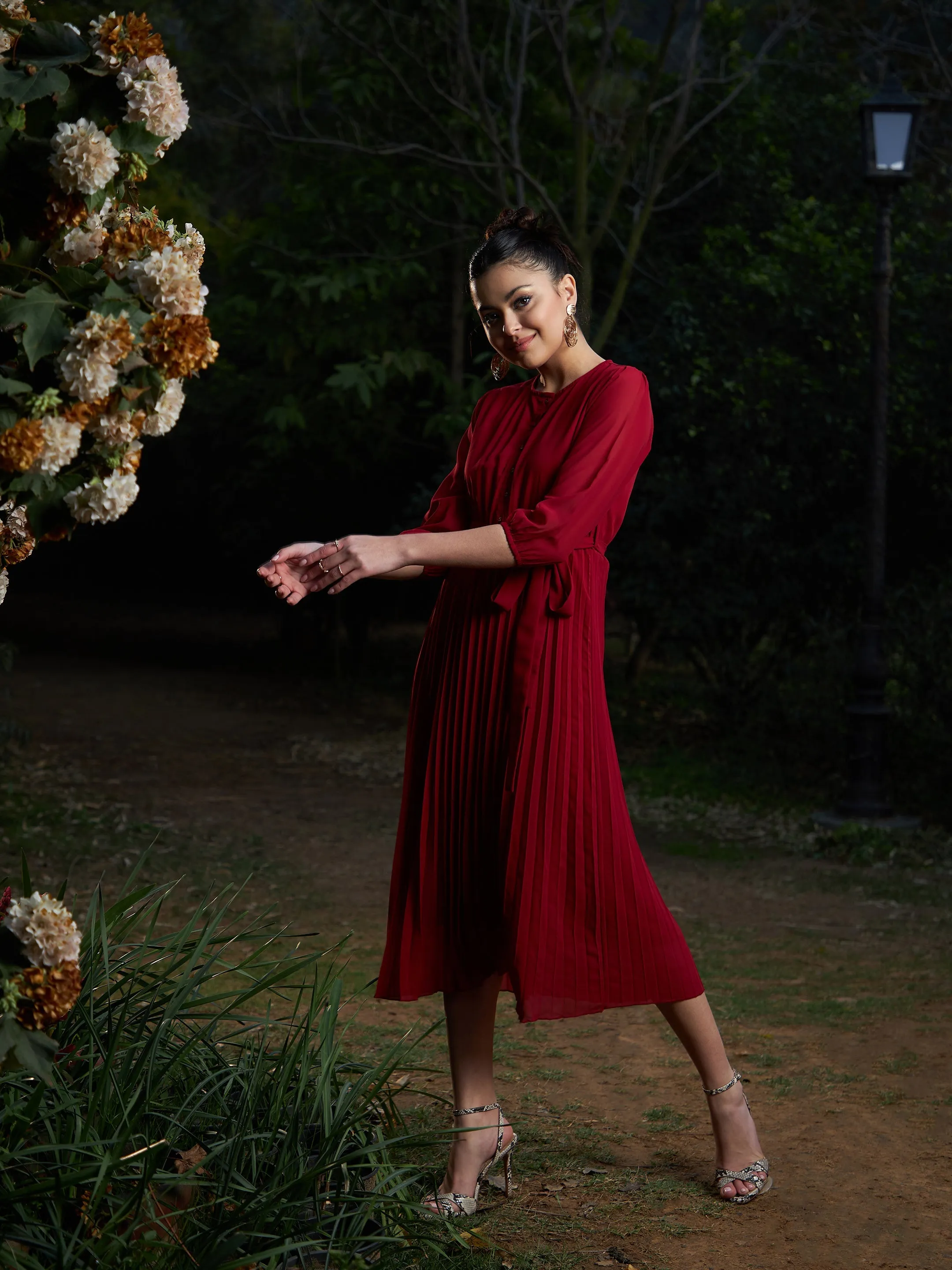 Women Maroon Accordion Pleated Belted Midi Dress