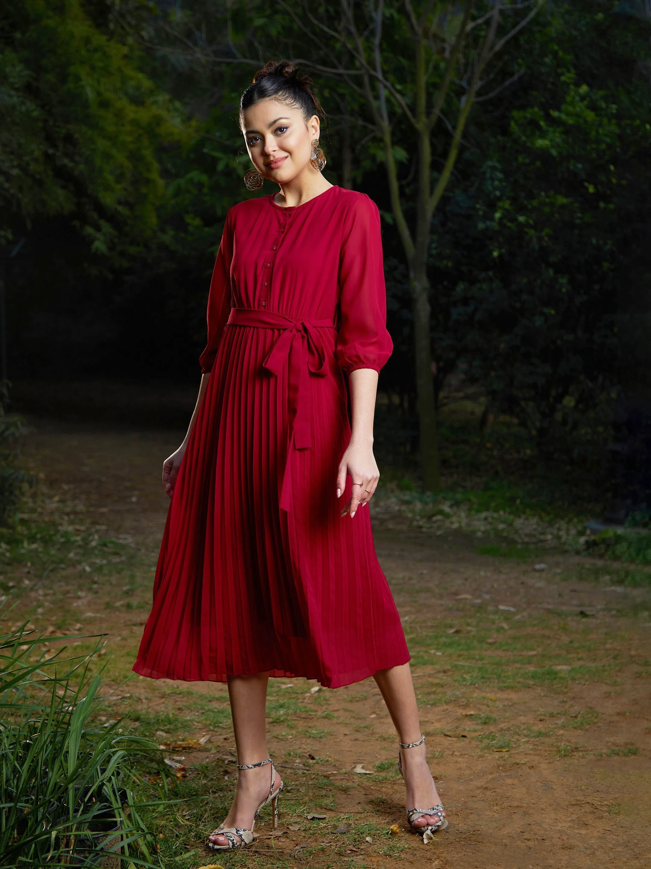 Women Maroon Accordion Pleated Belted Midi Dress