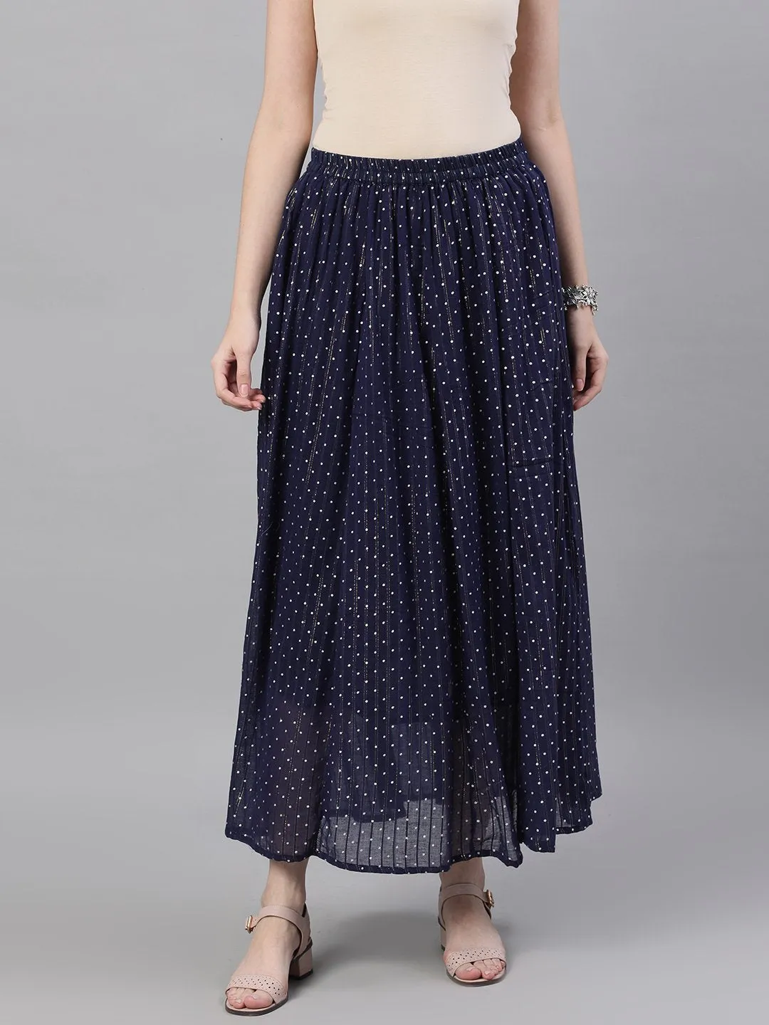 Women Navy Blue Polka Dot Printed Maxi Skirt