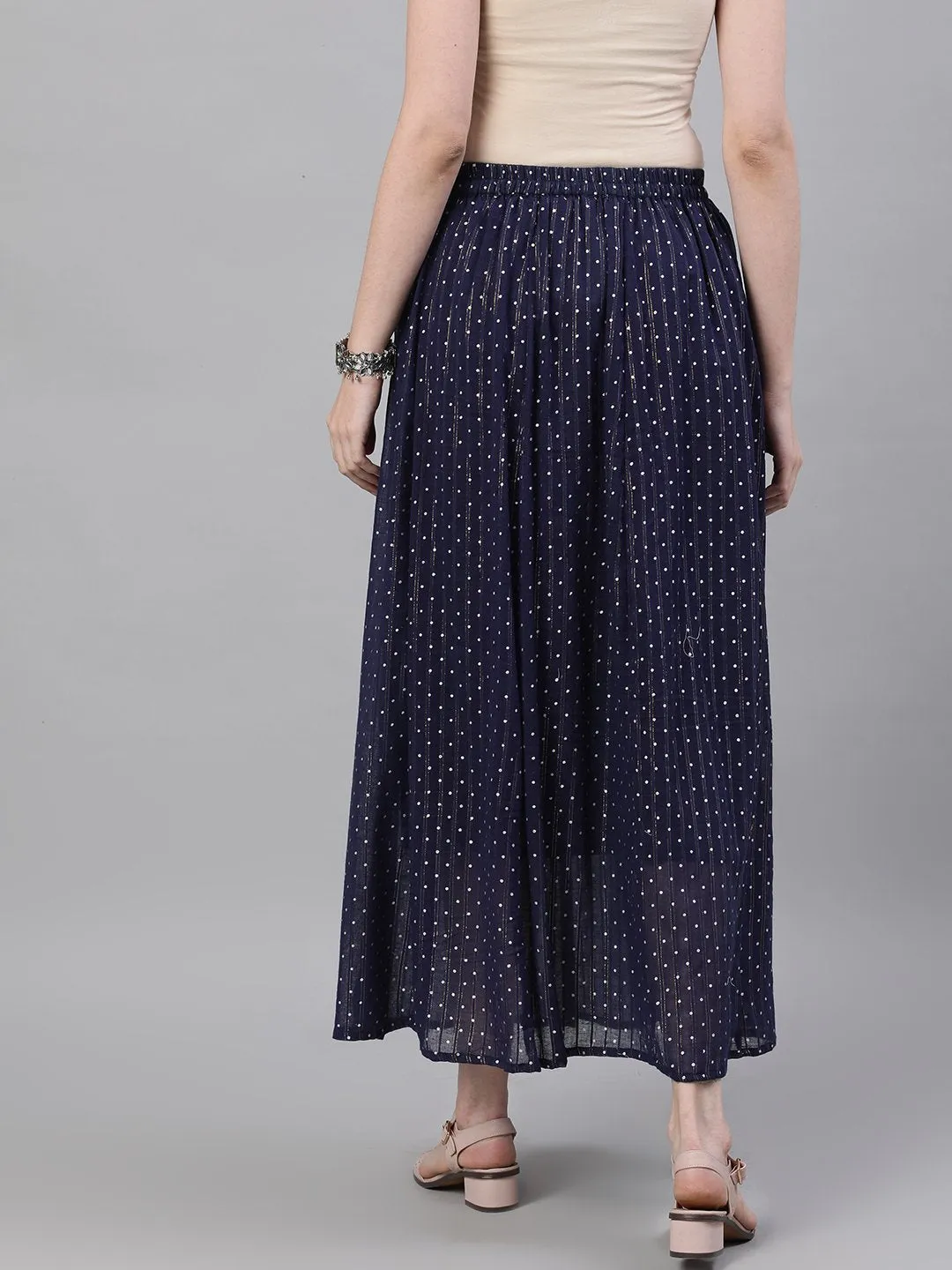 Women Navy Blue Polka Dot Printed Maxi Skirt