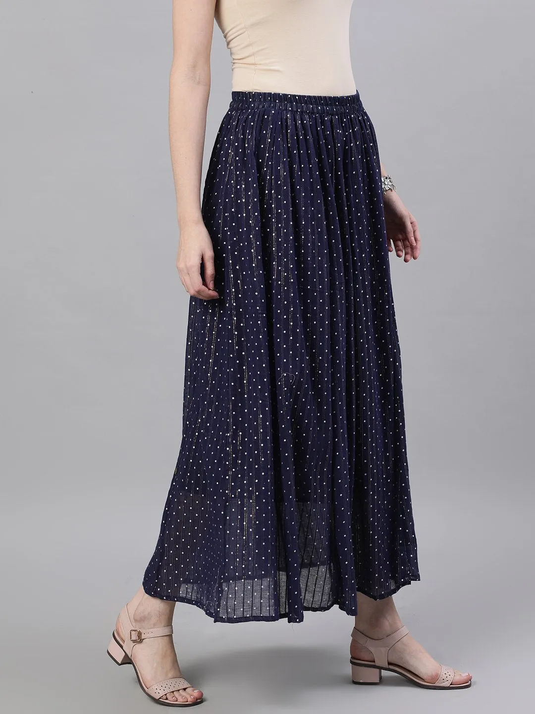 Women Navy Blue Polka Dot Printed Maxi Skirt