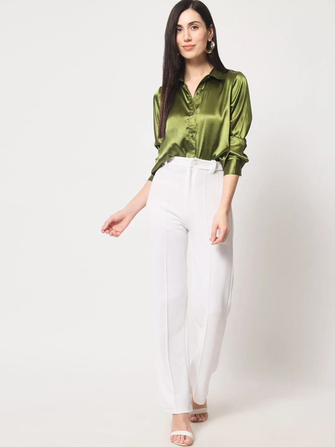 Women Olive Green Classic Slim Fit Casual Shirt