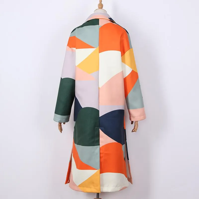 Women Turnover Collar Geometry Long Overcoat