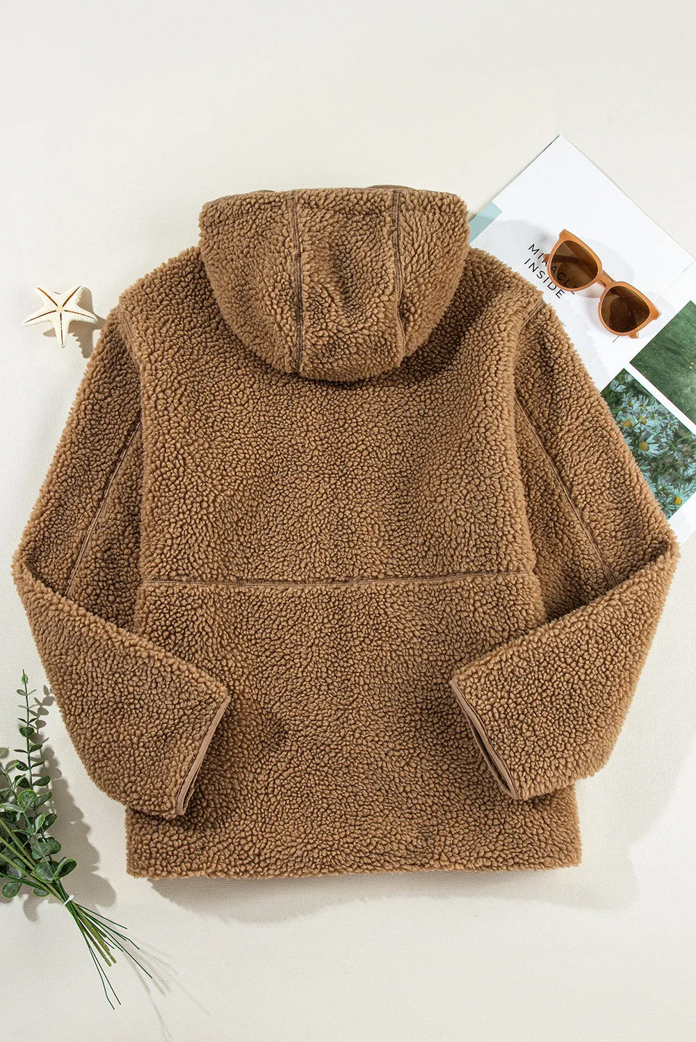 Womens Fleece Jackets Solid Zip Up Coats Long Sleeve Fuzzy Hooded Jacket with Pockets