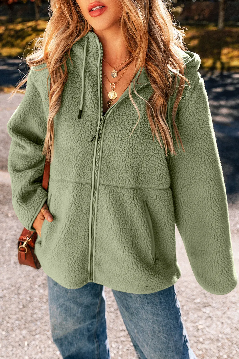 Womens Fleece Jackets Solid Zip Up Coats Long Sleeve Fuzzy Hooded Jacket with Pockets