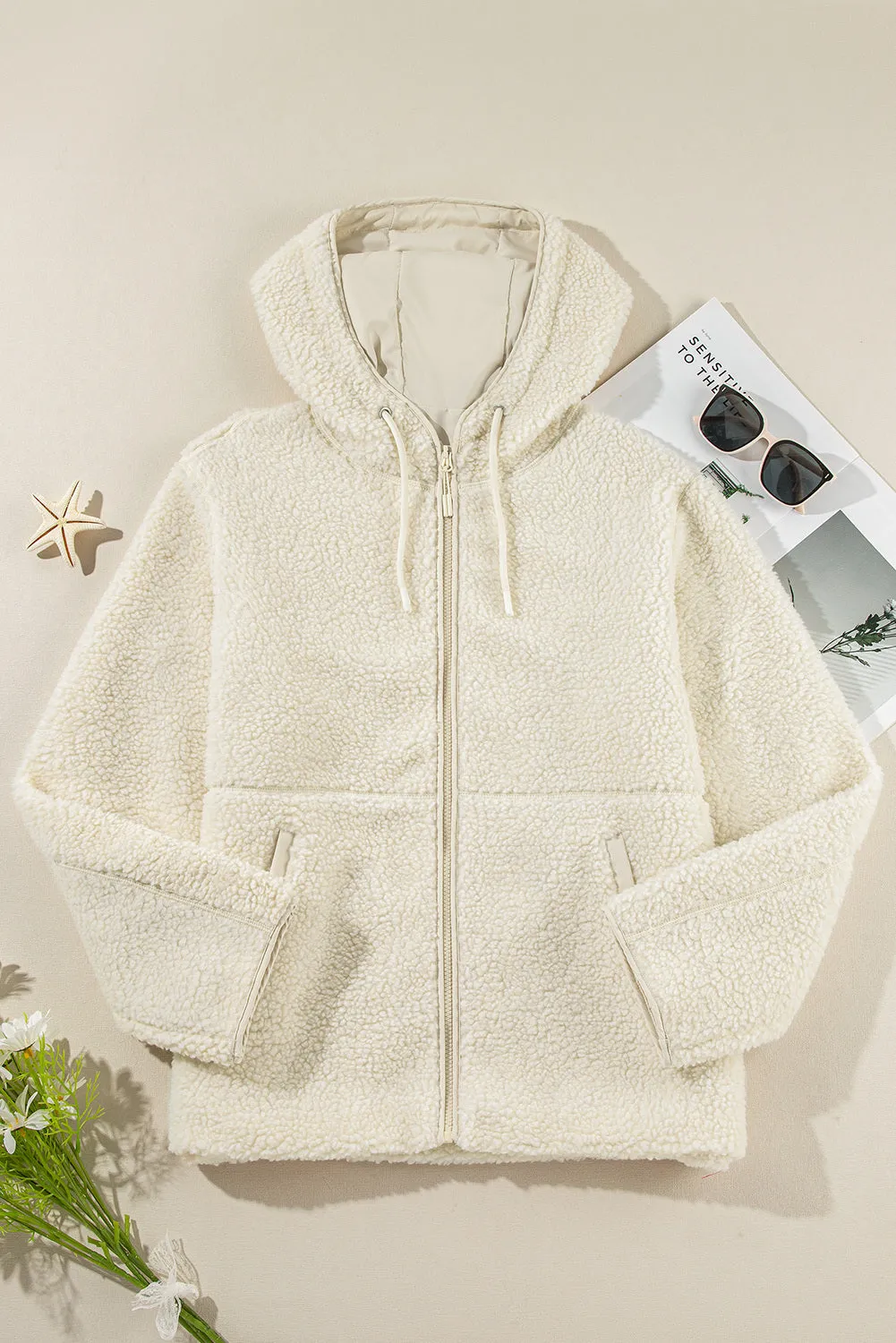 Womens Fleece Jackets Solid Zip Up Coats Long Sleeve Fuzzy Hooded Jacket with Pockets