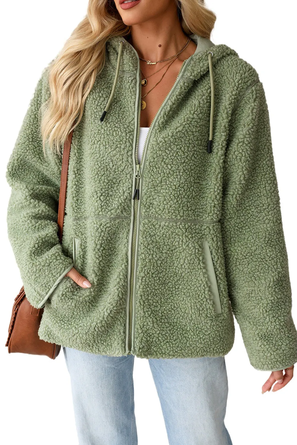 Womens Fleece Jackets Solid Zip Up Coats Long Sleeve Fuzzy Hooded Jacket with Pockets