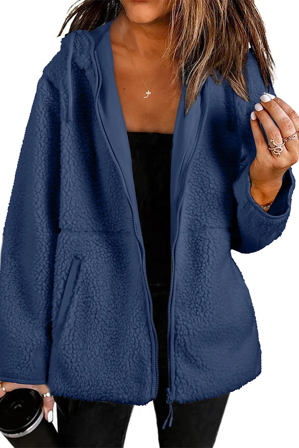 Womens Fleece Jackets Solid Zip Up Coats Long Sleeve Fuzzy Hooded Jacket with Pockets