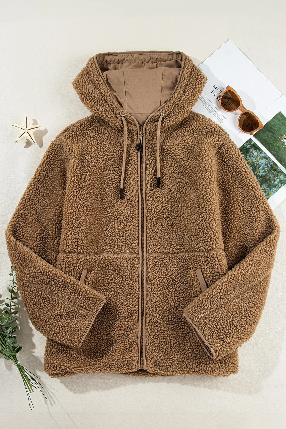 Womens Fleece Jackets Solid Zip Up Coats Long Sleeve Fuzzy Hooded Jacket with Pockets