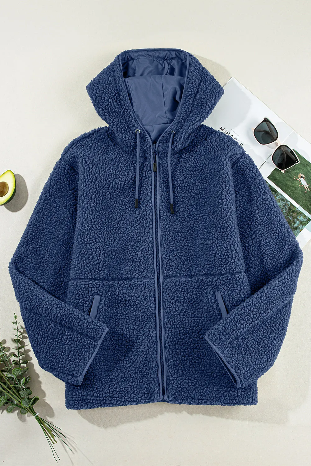 Womens Fleece Jackets Solid Zip Up Coats Long Sleeve Fuzzy Hooded Jacket with Pockets