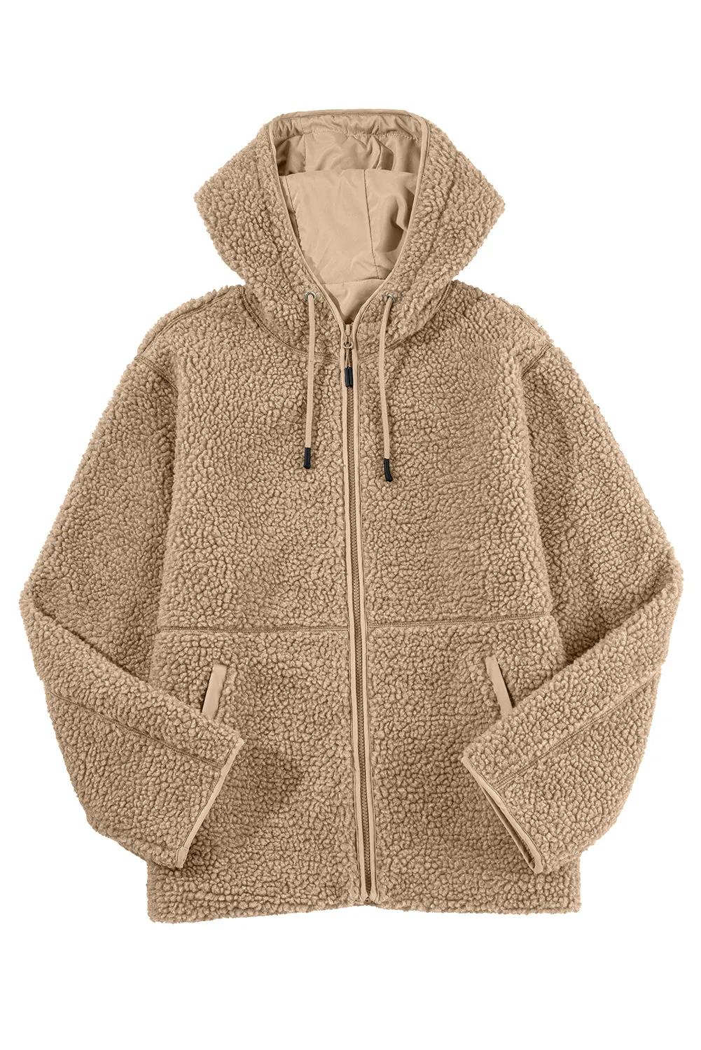 Womens Fleece Jackets Solid Zip Up Coats Long Sleeve Fuzzy Hooded Jacket with Pockets