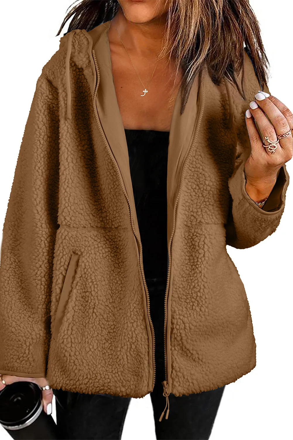 Womens Fleece Jackets Solid Zip Up Coats Long Sleeve Fuzzy Hooded Jacket with Pockets