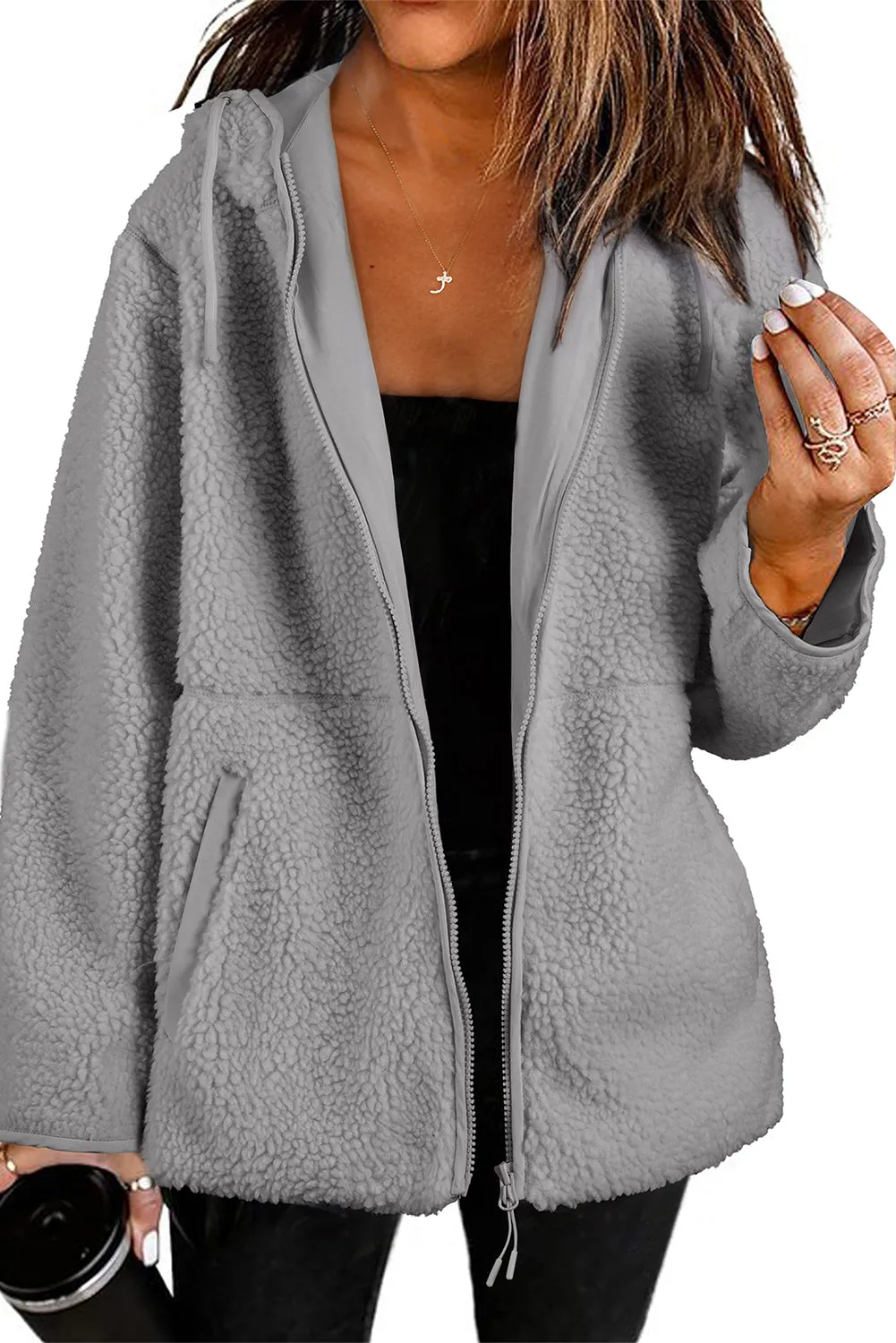 Womens Fleece Jackets Solid Zip Up Coats Long Sleeve Fuzzy Hooded Jacket with Pockets