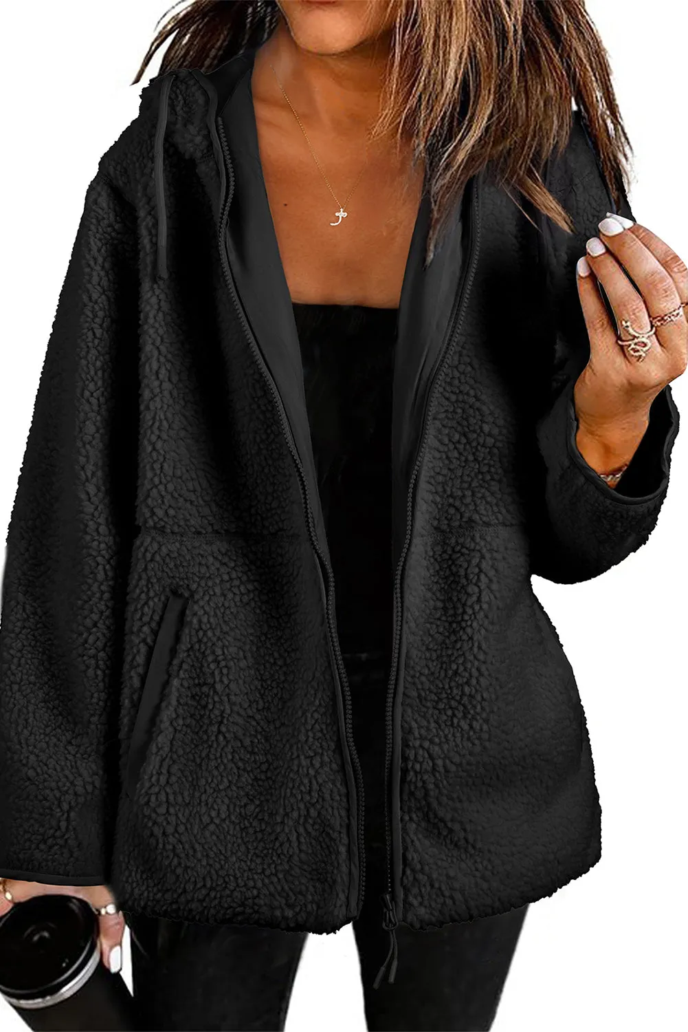 Womens Fleece Jackets Solid Zip Up Coats Long Sleeve Fuzzy Hooded Jacket with Pockets