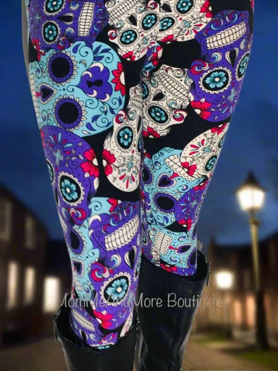 Womens Halloween Skull Leggings, Soft Yoga Pants, Size 0-20, Yoga Waist, Purple/Blue