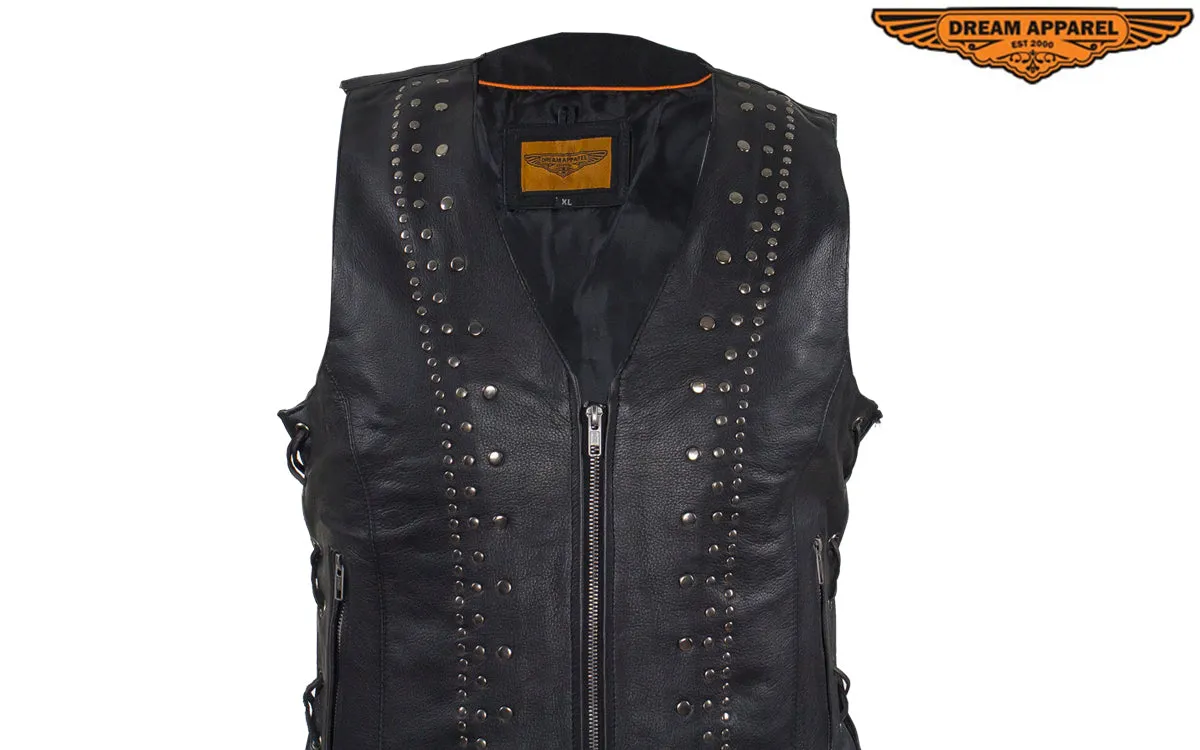 Womens Leather Motorcycle Vest With Satin Nickel Studs