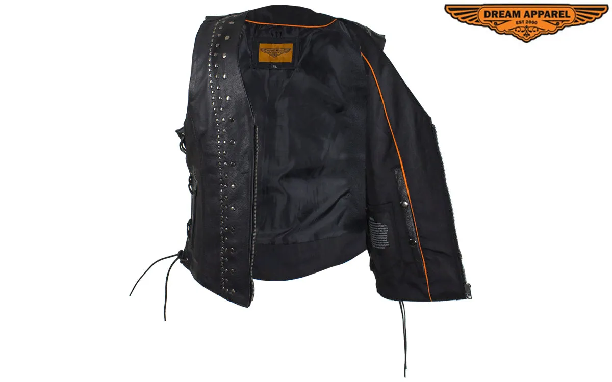 Womens Leather Motorcycle Vest With Satin Nickel Studs