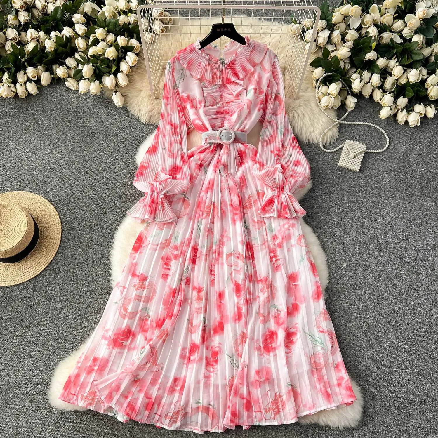 Women's Pleated Ruffle Collar Slim-fit Mid-length Chiffon Dress