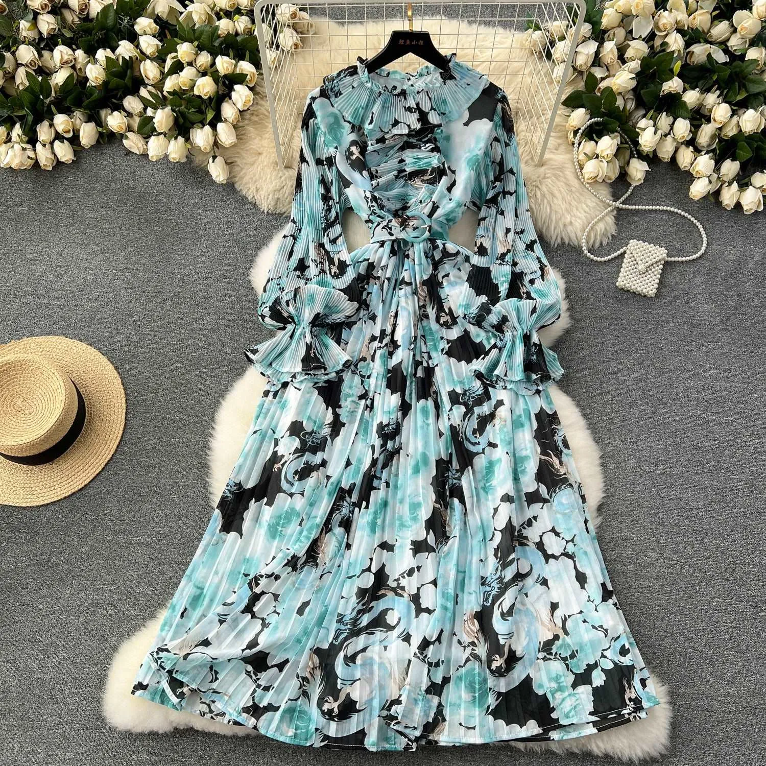 Women's Pleated Ruffle Collar Slim-fit Mid-length Chiffon Dress