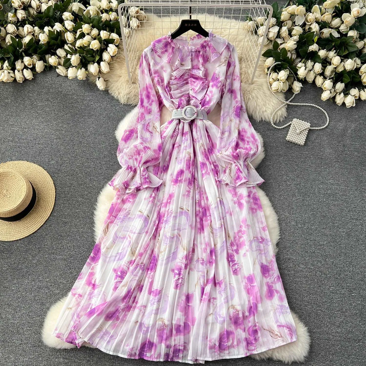 Women's Pleated Ruffle Collar Slim-fit Mid-length Chiffon Dress