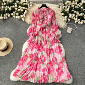 Women's Pleated Ruffle Collar Slim-fit Mid-length Chiffon Dress