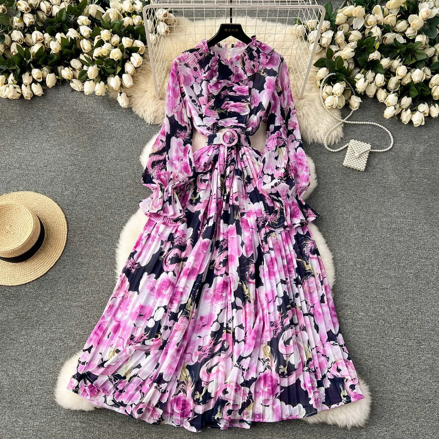 Women's Pleated Ruffle Collar Slim-fit Mid-length Chiffon Dress