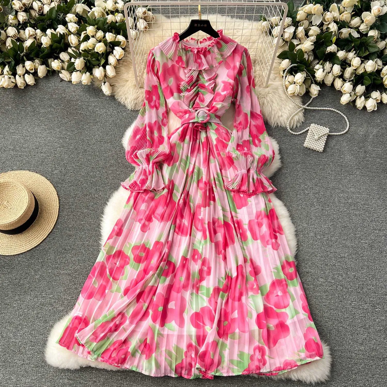 Women's Pleated Ruffle Collar Slim-fit Mid-length Chiffon Dress