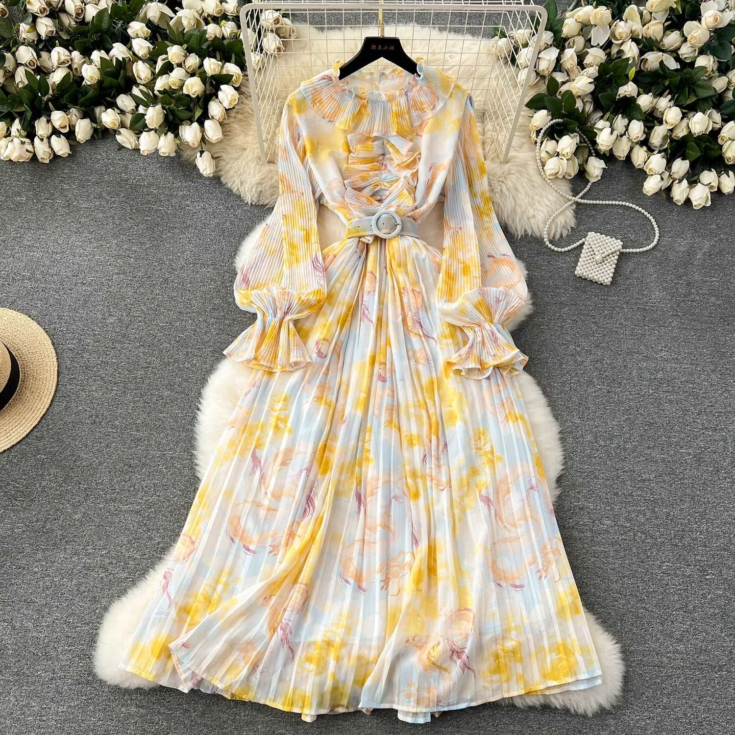 Women's Pleated Ruffle Collar Slim-fit Mid-length Chiffon Dress