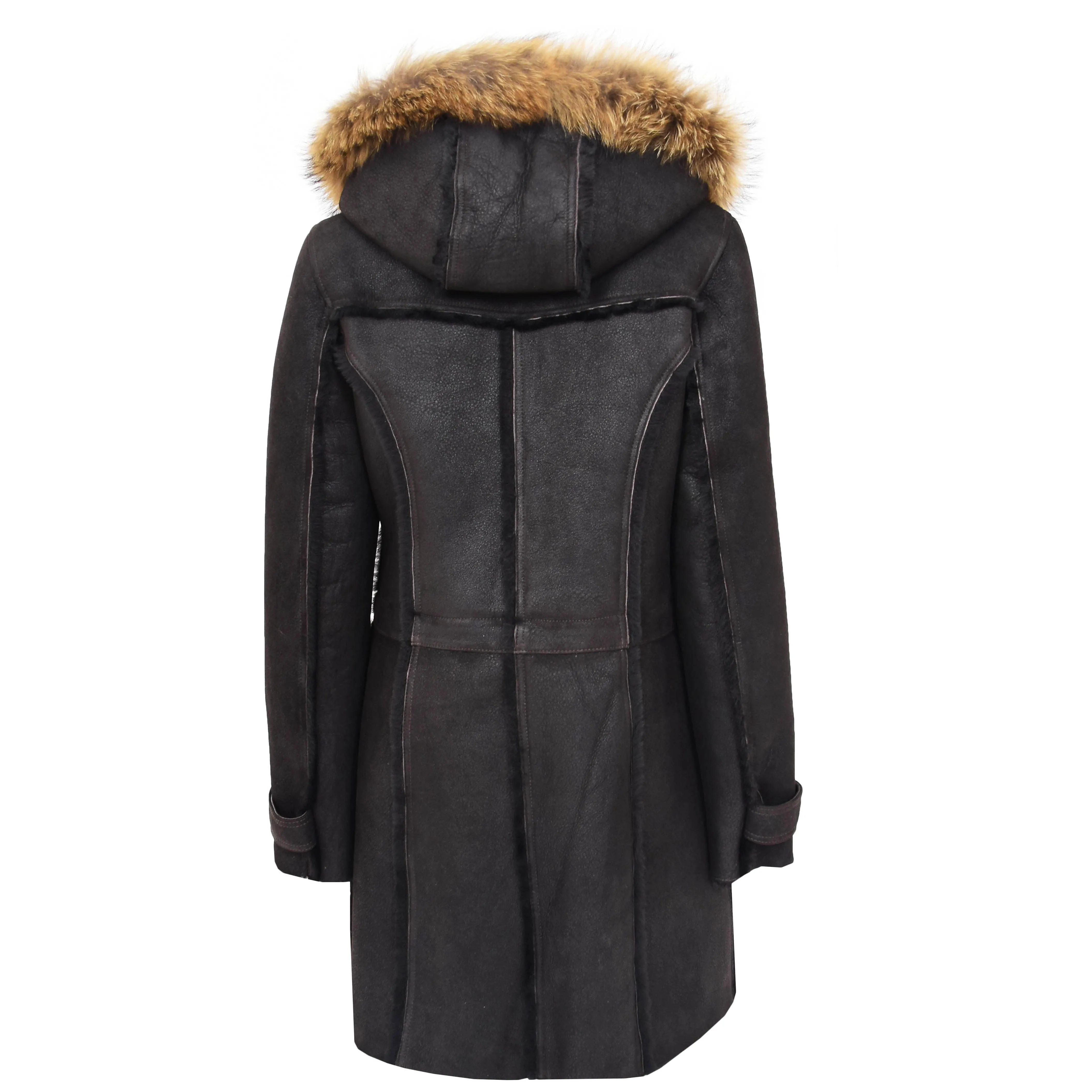 Womens Sheepskin Duffle Coat 3/4 Length Parka Beth Dark Brown