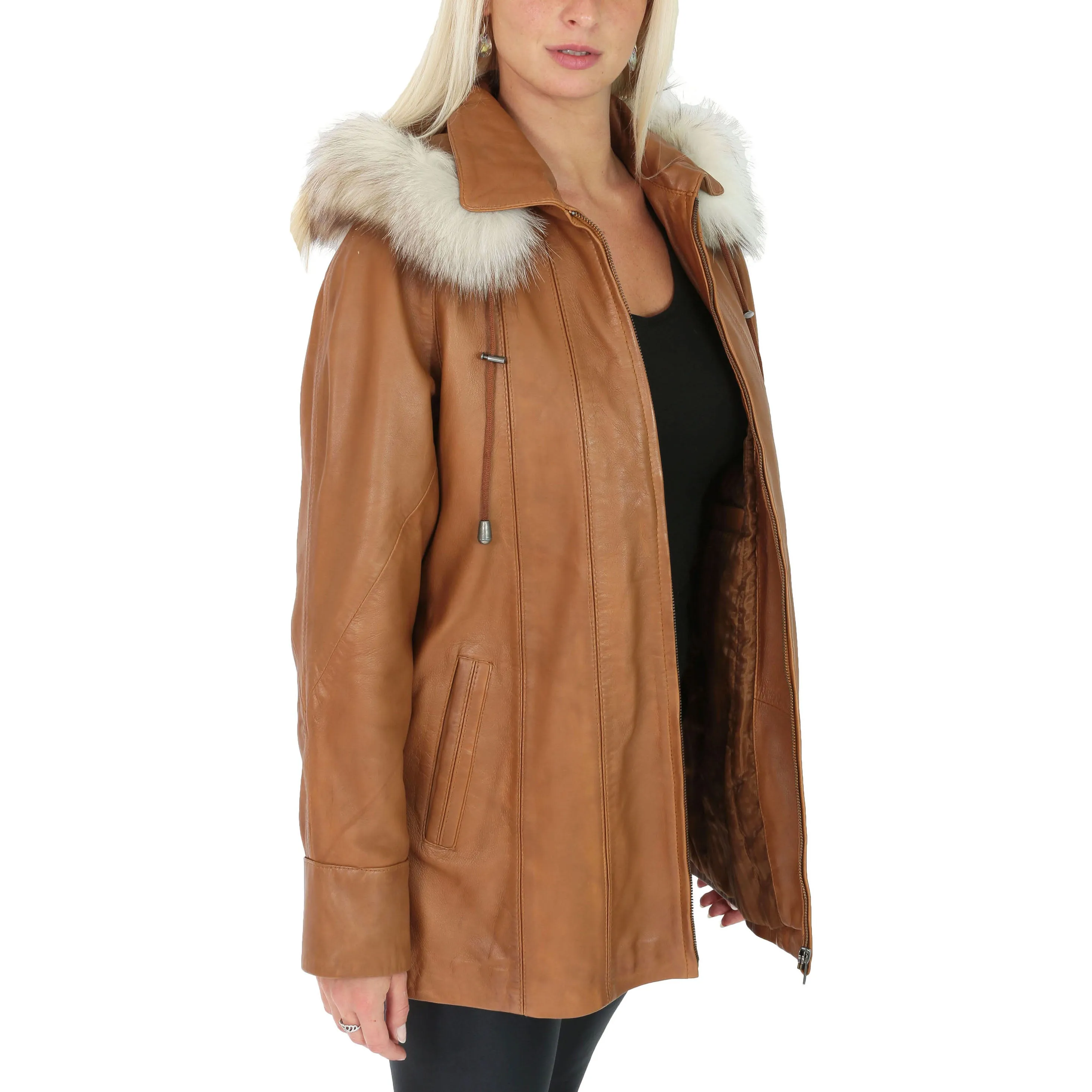 Womens Zip up Detachable Hood Parka Duffle Leather Coat Isabella Tan