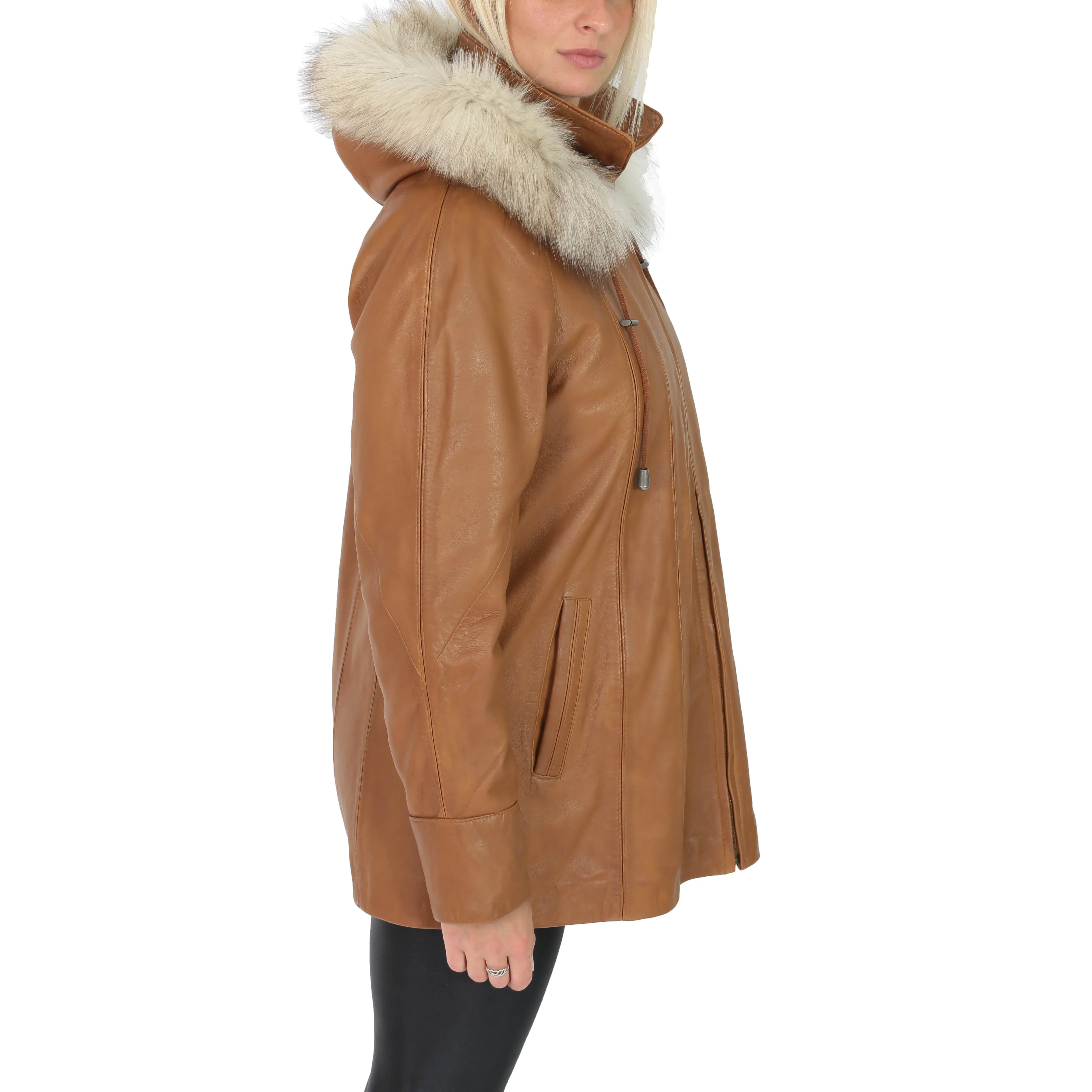 Womens Zip up Detachable Hood Parka Duffle Leather Coat Isabella Tan