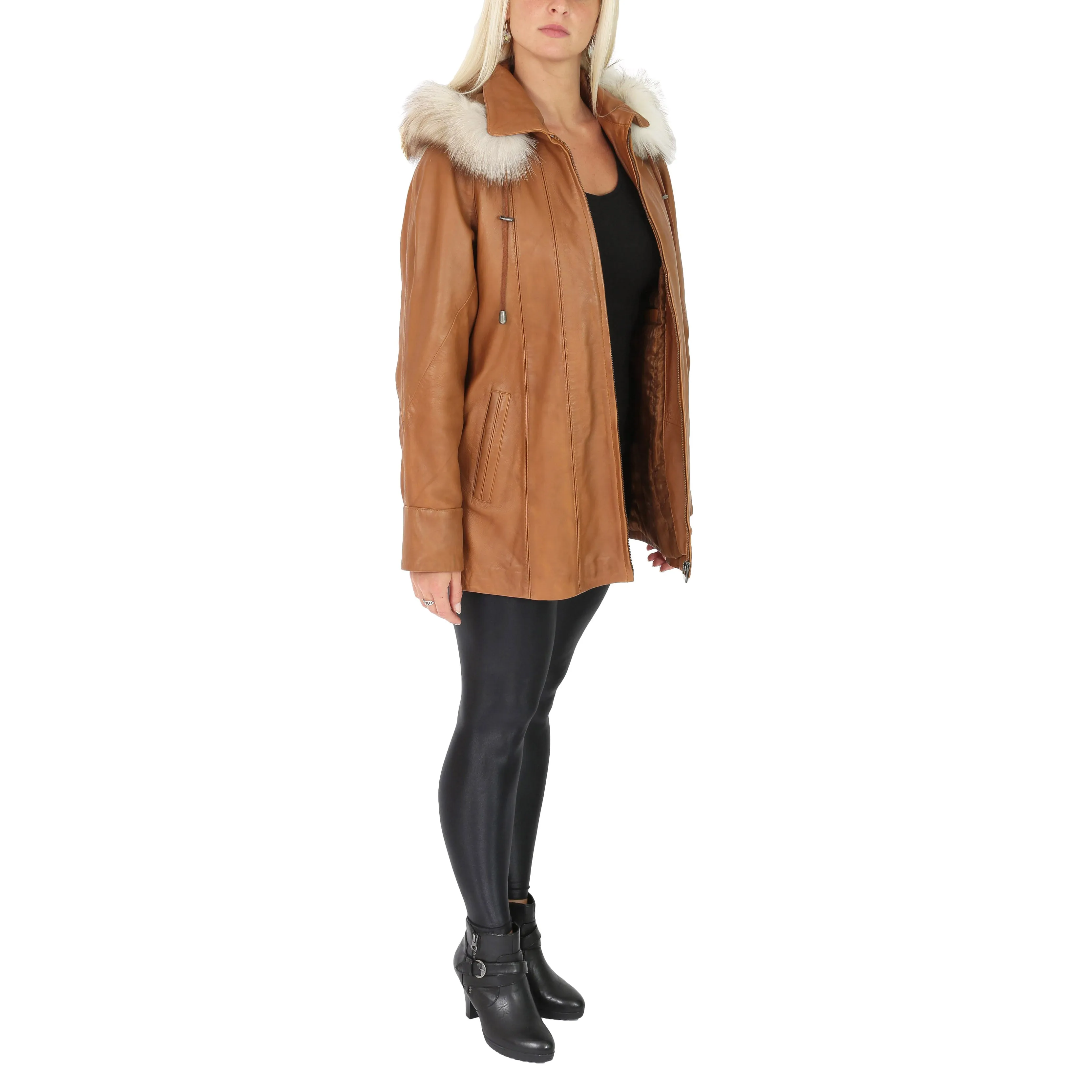 Womens Zip up Detachable Hood Parka Duffle Leather Coat Isabella Tan