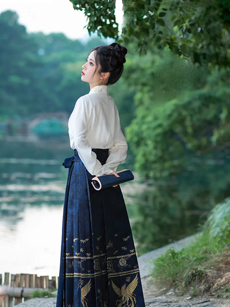 Woven Gold Phoenix and Xiangyun Floral Yarn-dyed Jacquard Cloth Mamianqun Hanfu Skirt Daily Wear