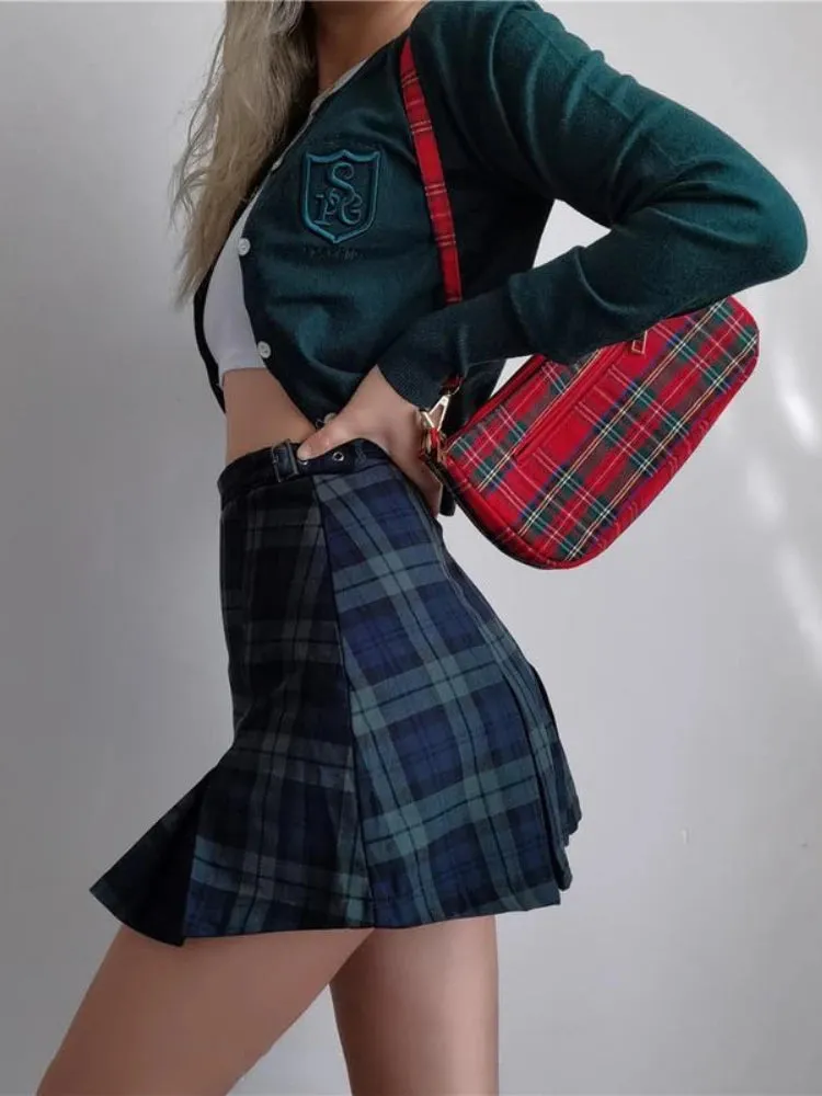 YESMYTOOL  -   Preppy Green Plaid Skirt Women England Style Vintage High Waist Cute Sexy Slim A-line Pleated Mini Skirt 90s Aesthetic