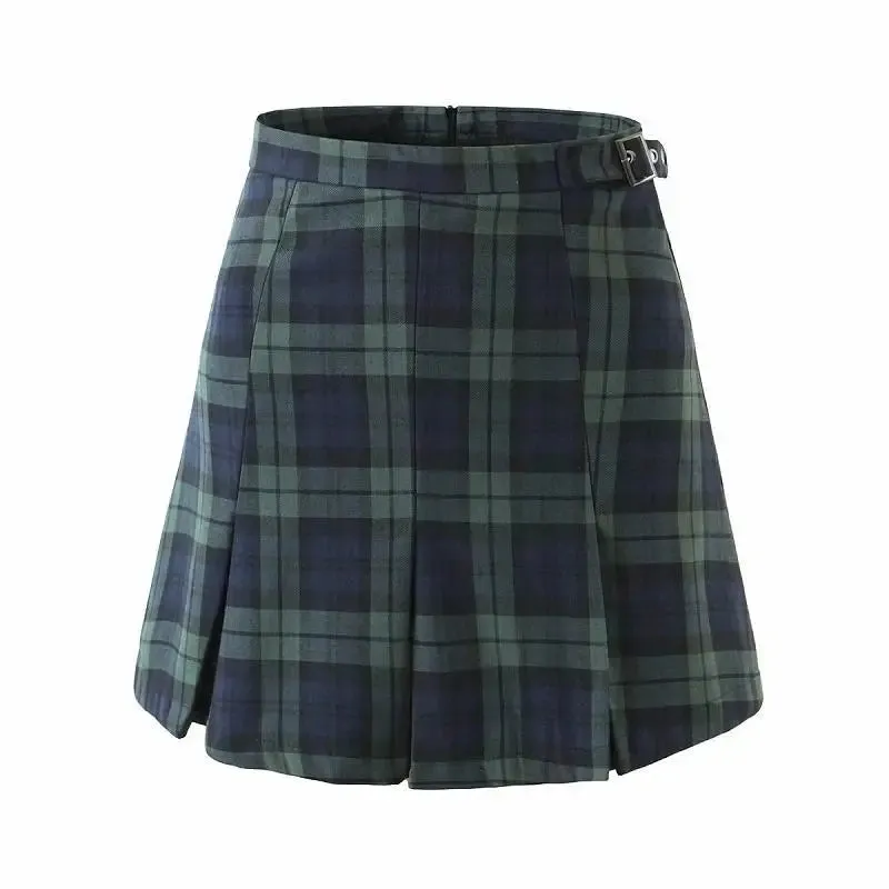 YESMYTOOL  -   Preppy Green Plaid Skirt Women England Style Vintage High Waist Cute Sexy Slim A-line Pleated Mini Skirt 90s Aesthetic